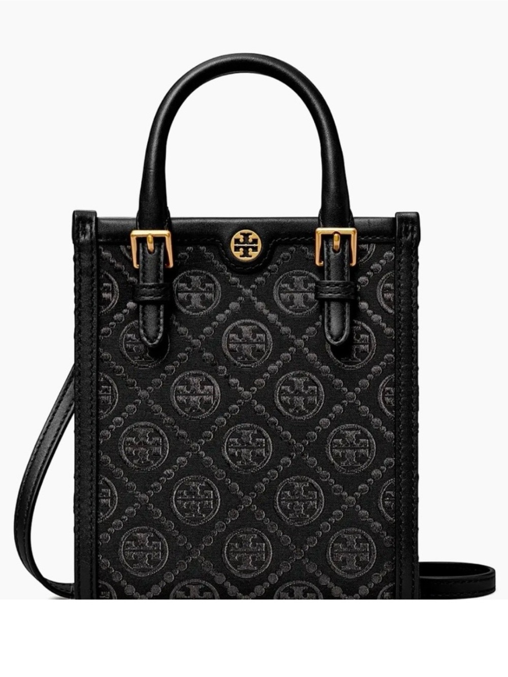 NWOT Tory Burch Black Logo Jacquard Mini Crossbody Tote with Gold Hardware
